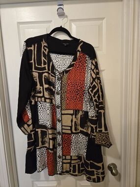 John Mark Mixed Print Button-Front Tunic - Black, Tan & Red